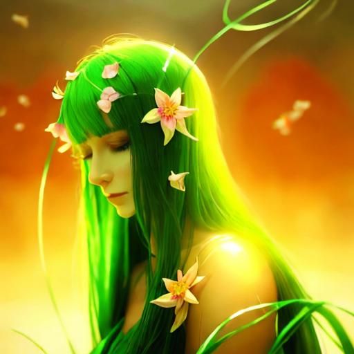 Thoughtful Woman Portrait with Flowers in Lush Forest