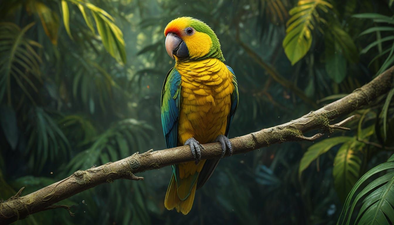 Yellow-Capped Pygmy Parrot in Dramatic Jungle Lighting