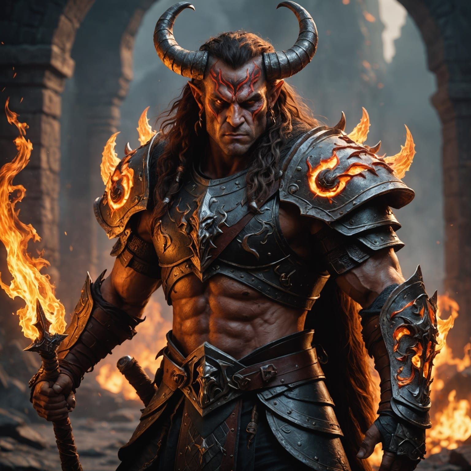 Tiefling Barbarian with Flaming Sword, Fantasy Art