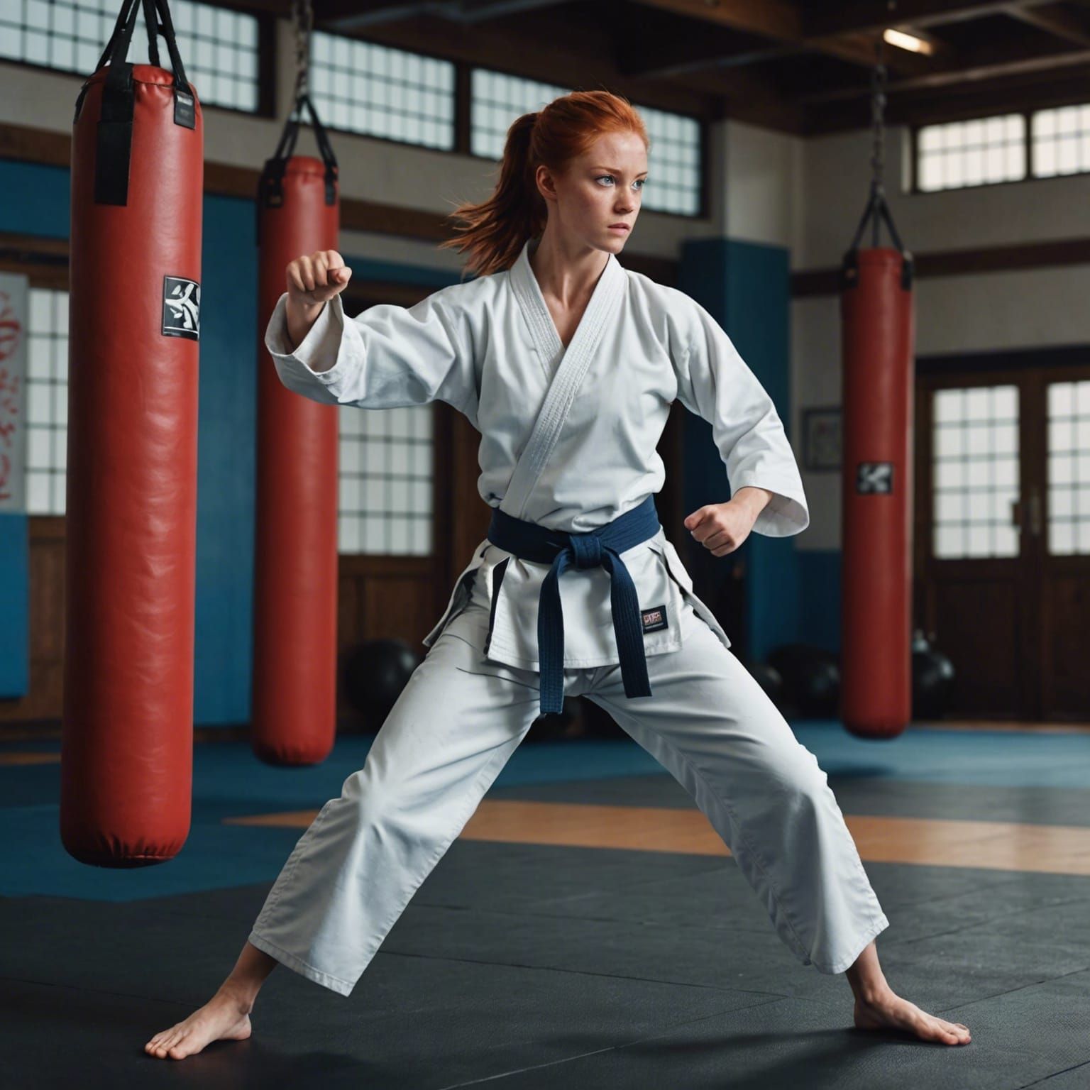 Female Karate Student Practicing Roundhouse Kick
