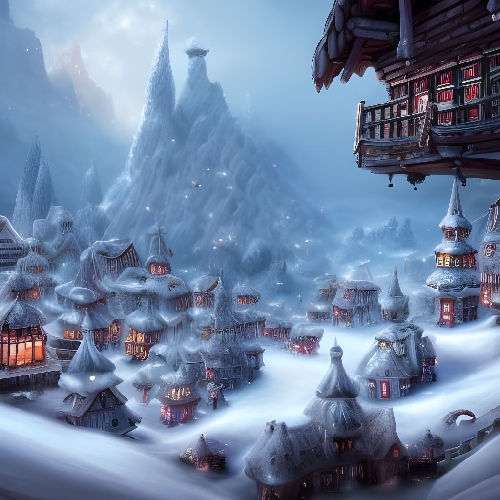 Detailed Snow Village Matte Painting in Deep Color