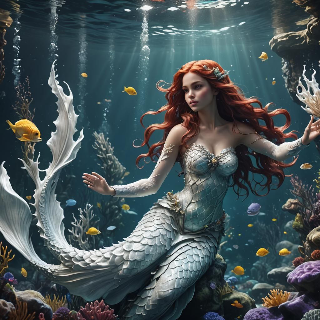 Realistic White-Haired Mermaid Underwater in Detailed Matte ...