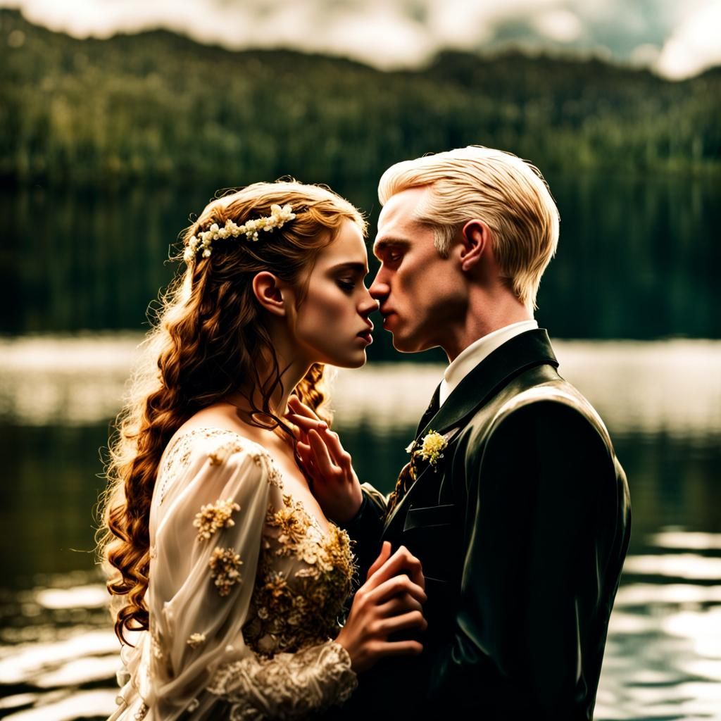 Hyperrealistic Image of a Lakeside Wedding Kiss