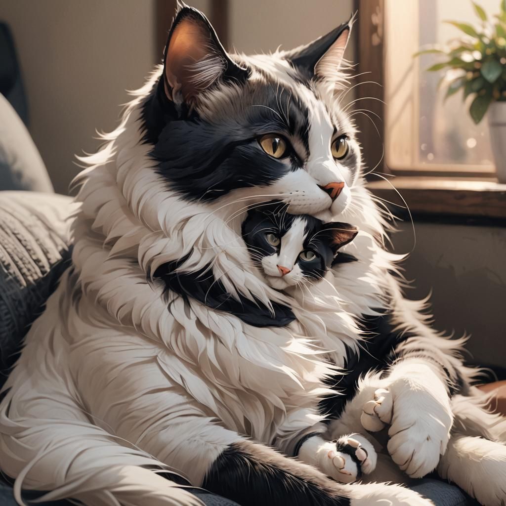 Comforting Black and White Cat in Anime Art Style