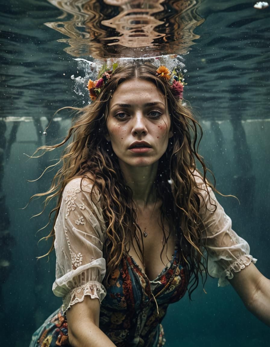 Distressed Bohemian Woman Underwater