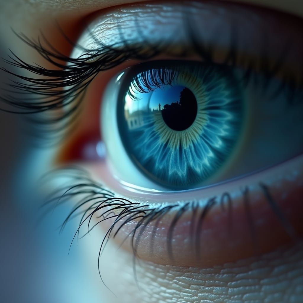 Sad Blue Eye Reflecting a Lost Figure