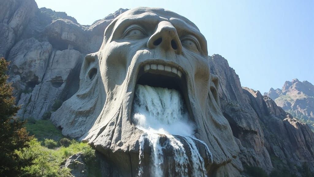 Enormous Stone Head Mountain Carving with Waterfall