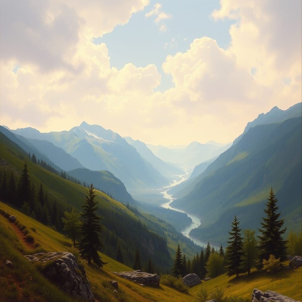 Romantic Mountain Landscape with Distant River