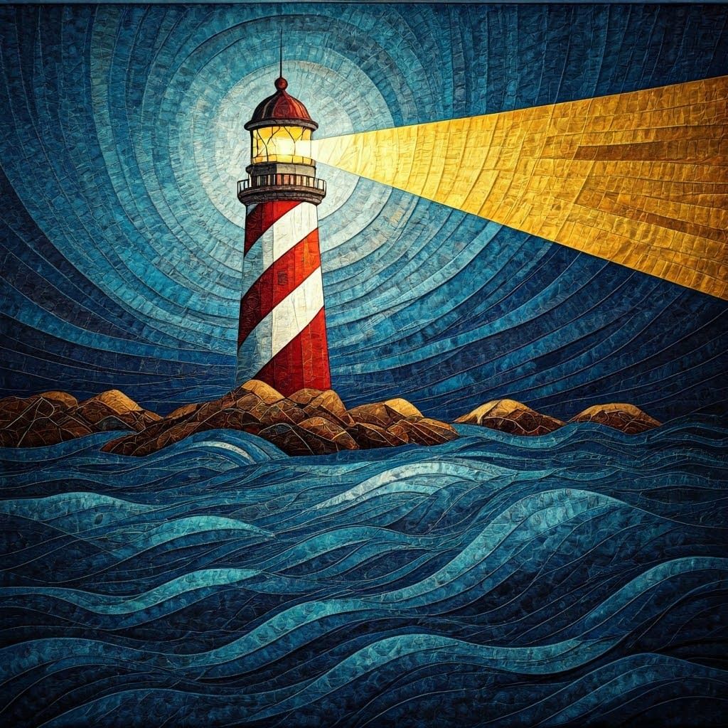 Majestic Lighthouse Patchwork Quilt in Whimsical Folk Art St...