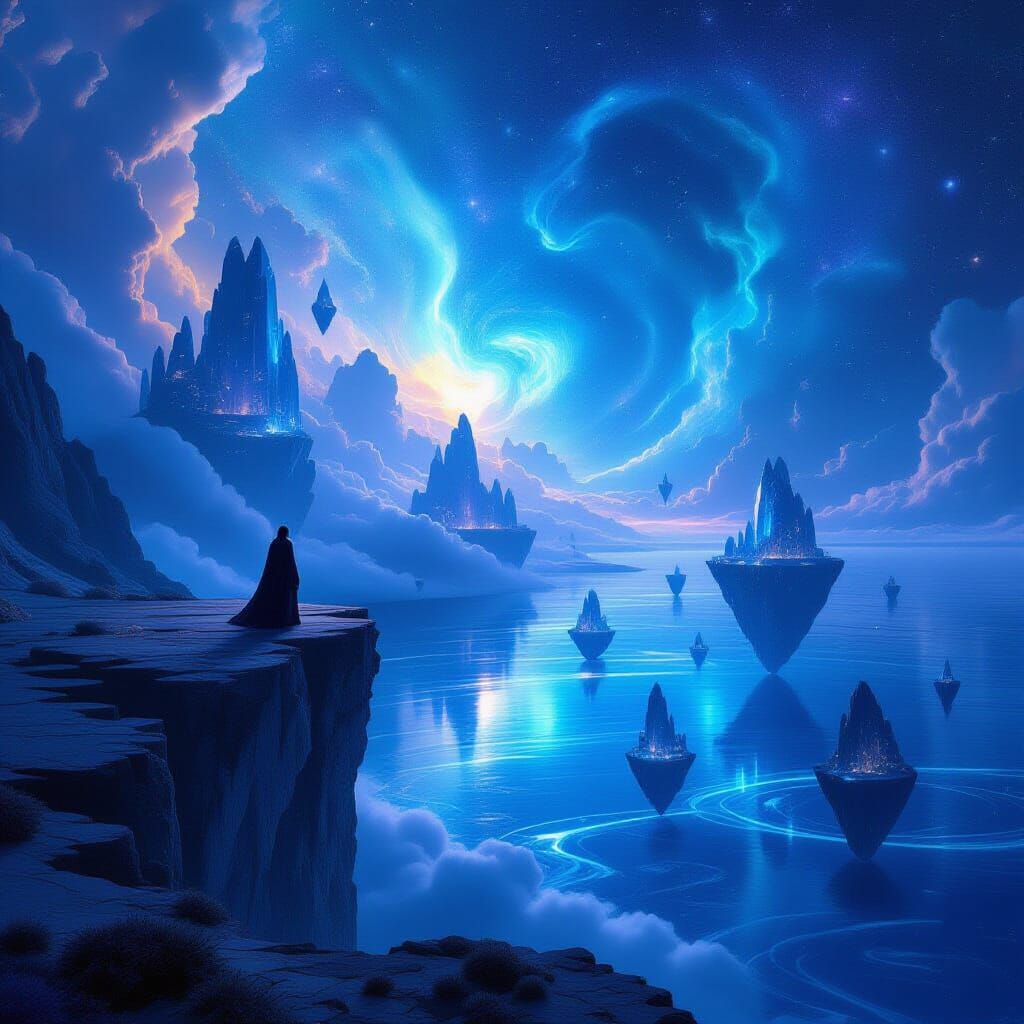 Figure Overlooking Starlight Ocean with Crystalline Islands