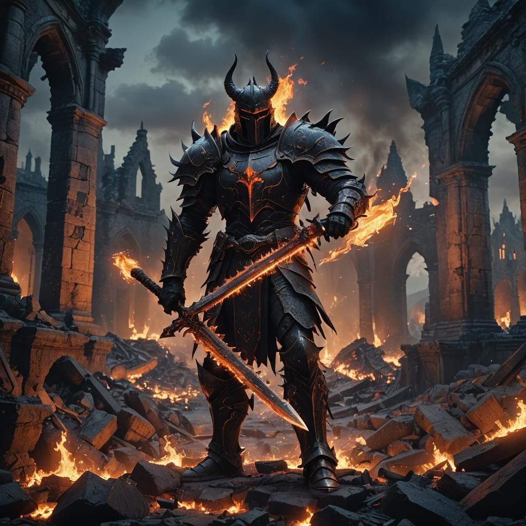 Demonic Knight with Flaming Sword in Ruins