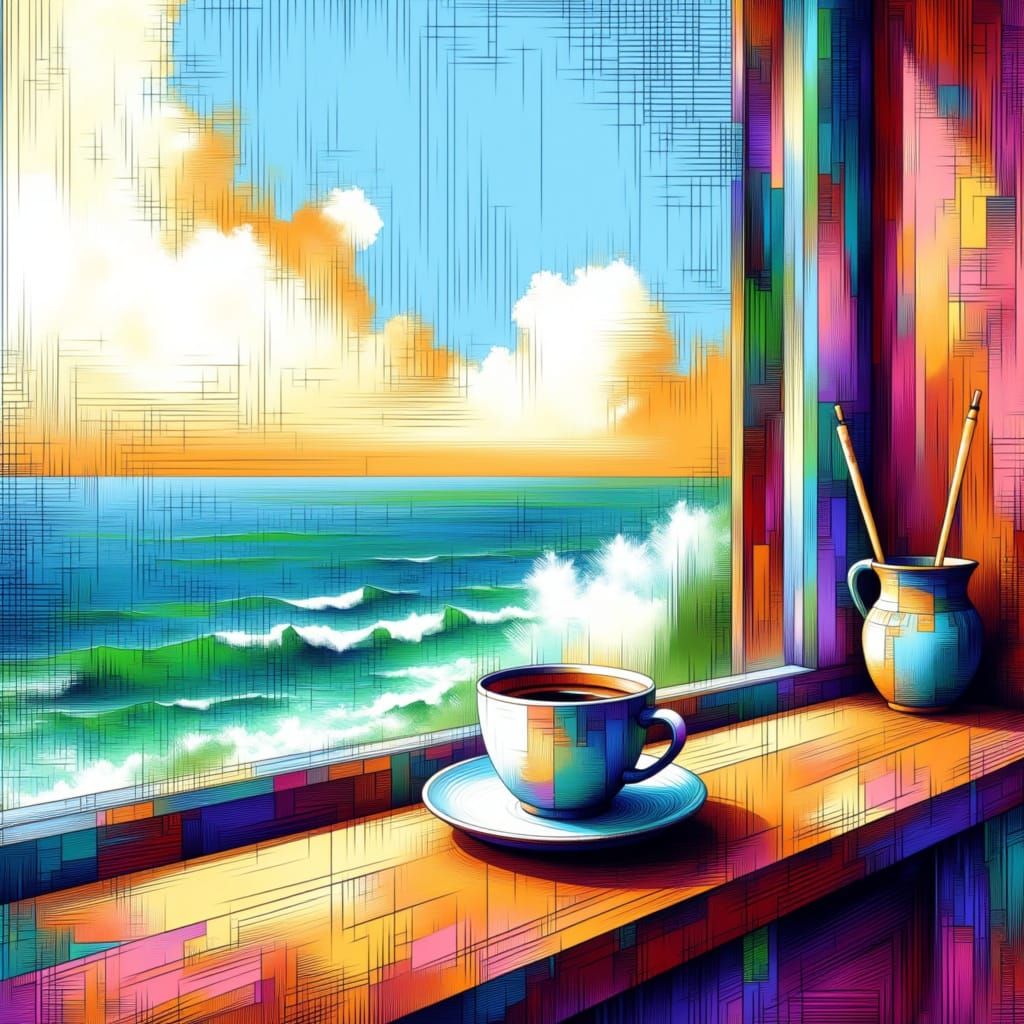 Coffee on a Windowsill with a Sea View, in a Vibrant Digital...