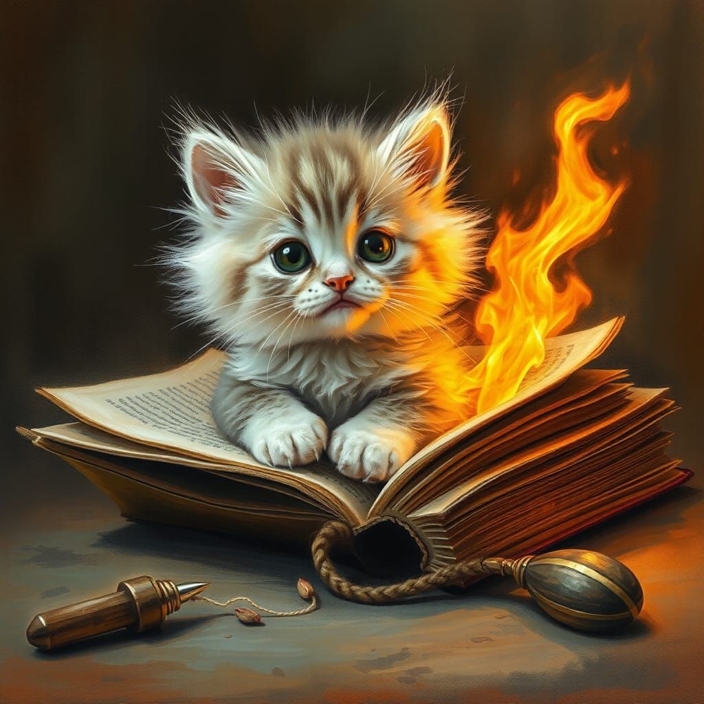 Kitten Emerges from Burning Book, Whimsical Illustration