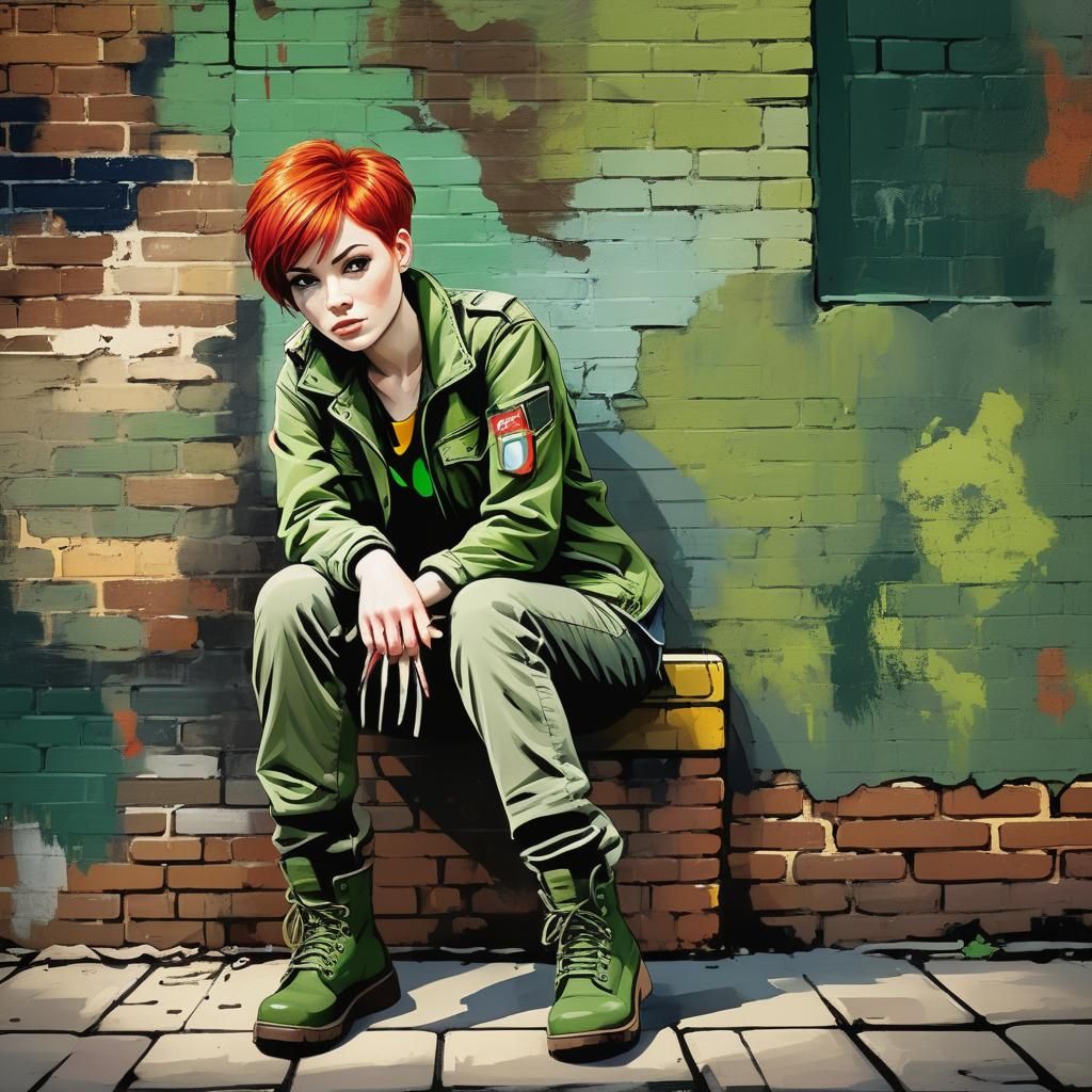 Comic Book Woman with Red Hair in Urban Setting