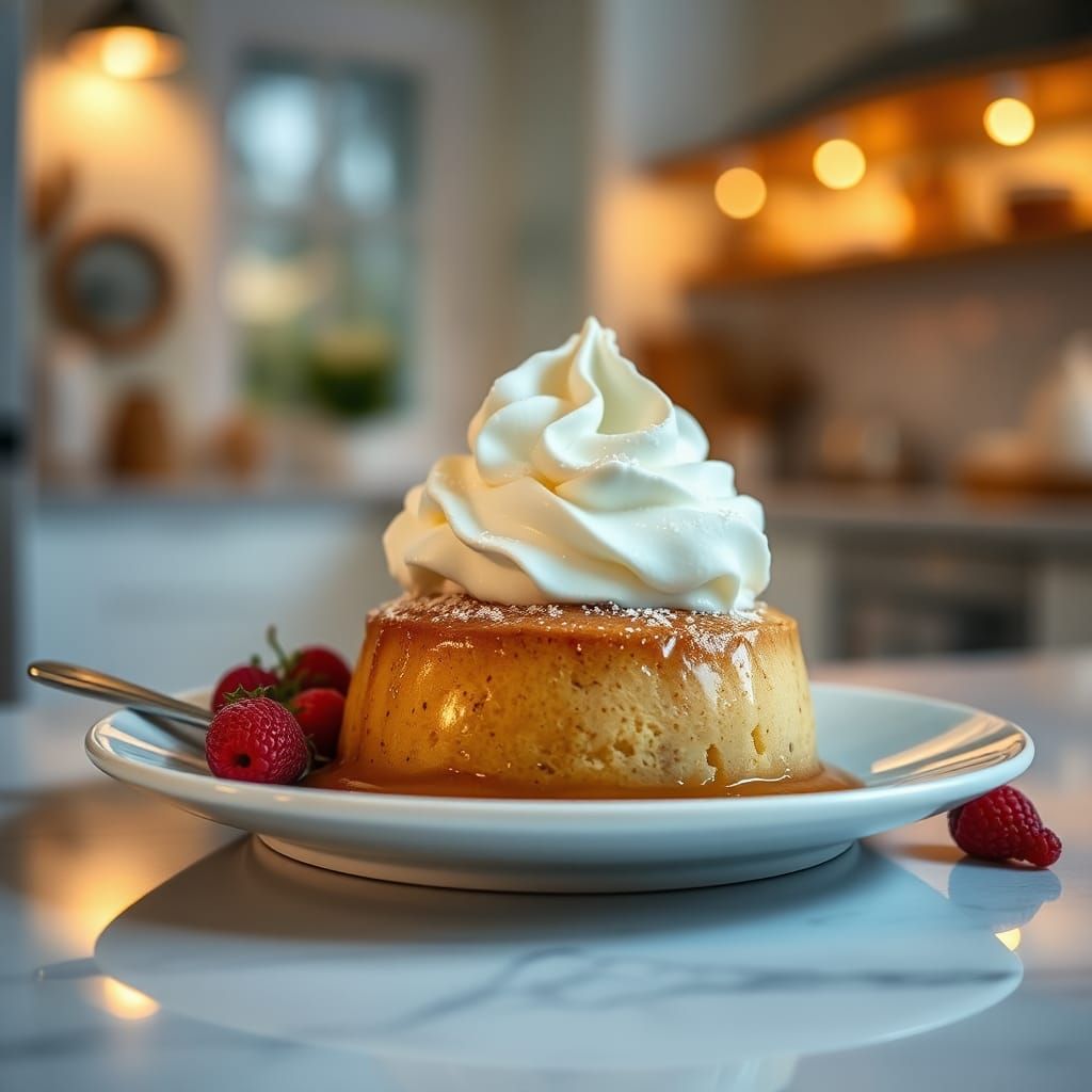 Pudding with Whipped Cream in Cozy Kitchen