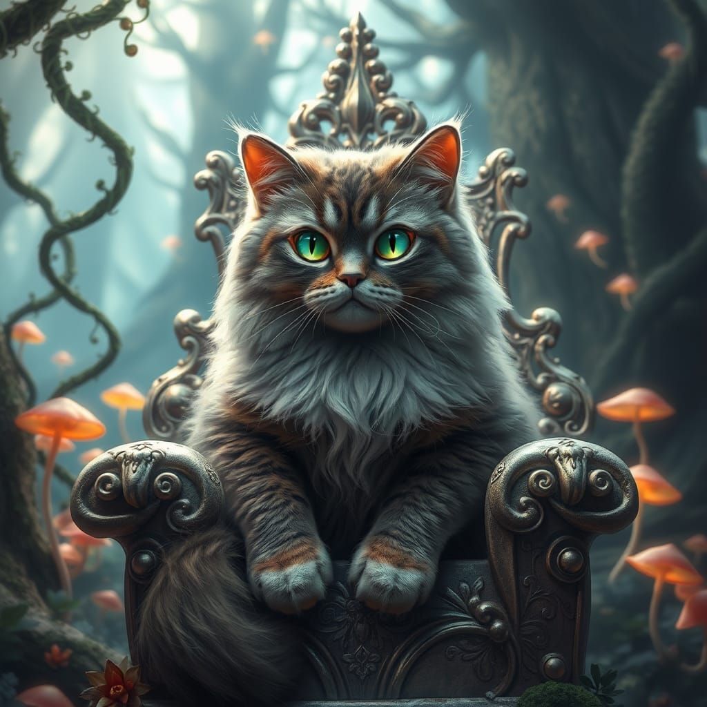 Enchanting Cat on Throne in Fantasy Forest