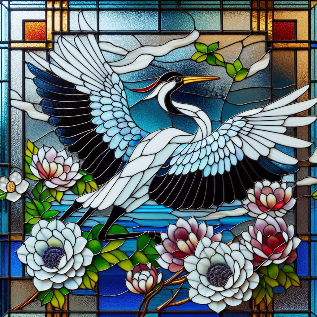 Stunning Stained Glass Crane in Art Deco Style