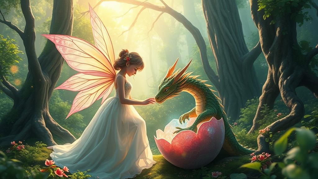 Fairy Watching Dragon Hatching in Lush Anime Forest