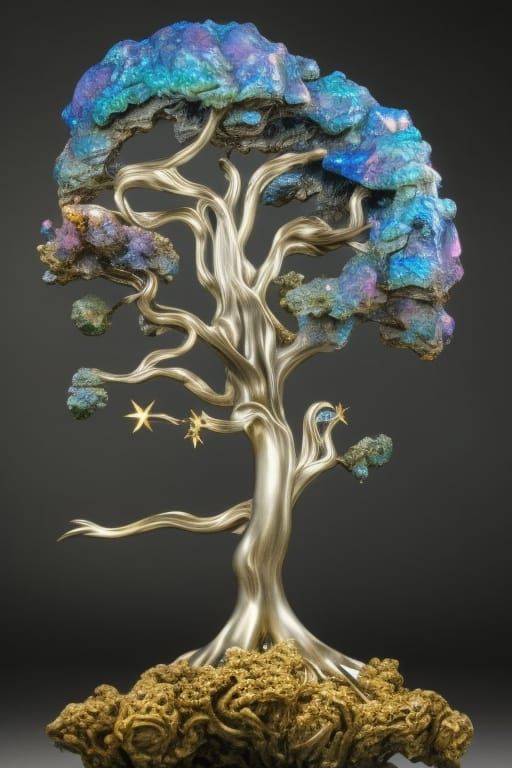 Titanium Quartz Bonsai: Ornate Metal Fantasy