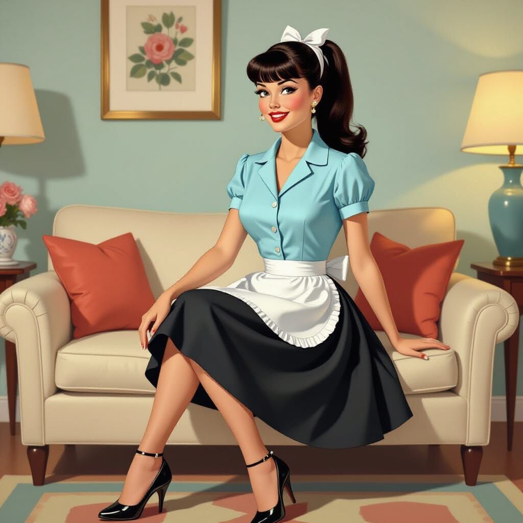 Retro 1950s Housewife in Storybook Illustration Style