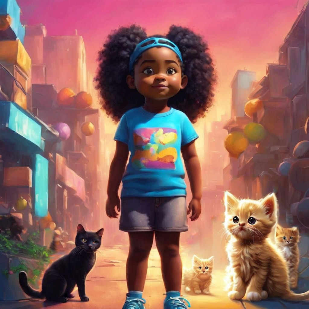 Vibrant Street Art Portrait of a Young Black Girl with Kitti...