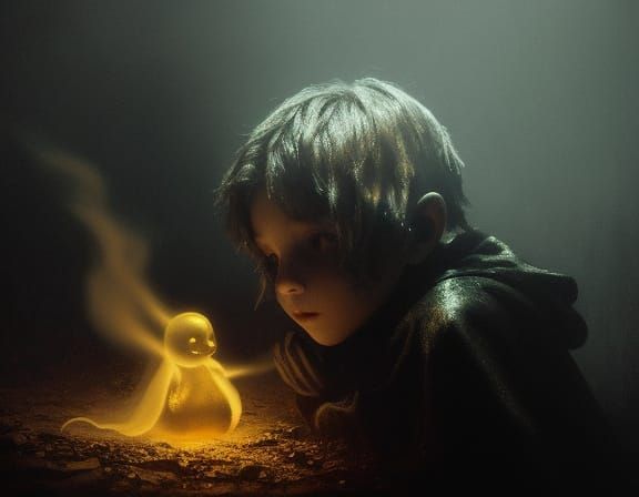 Child Meets Friendly Ghost in Grunge Oil Painting