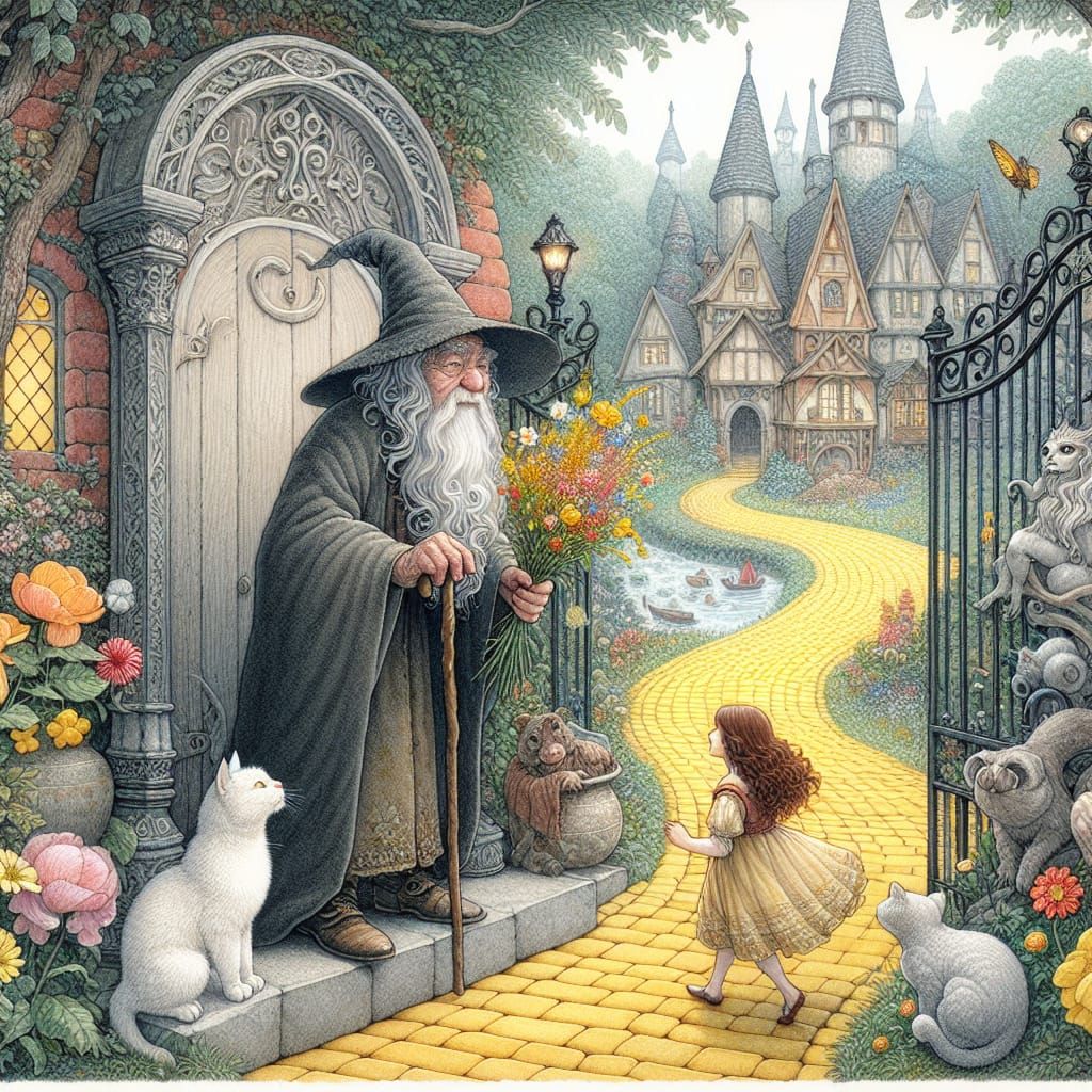Wizard Greets Princess at Magical Town Gate
