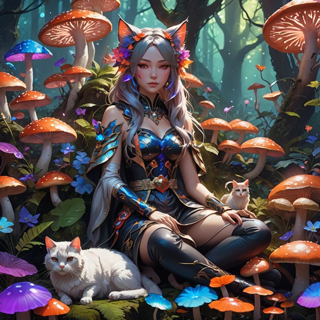 Mystical Catgirl in Glowing Forest, 3D Anime Art