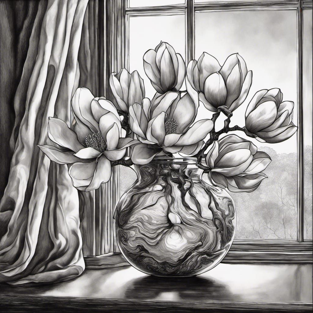Magnolia Flowers in Etched Vase: Hyperrealistic Ink Drawing