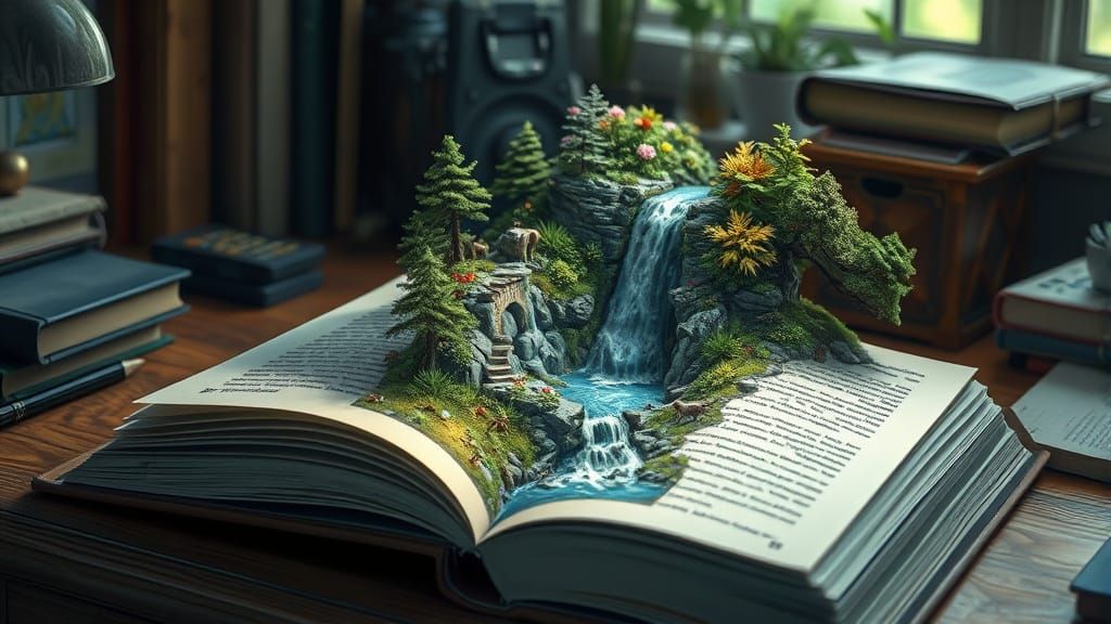 Miniature Waterfall Flowing from Open Book