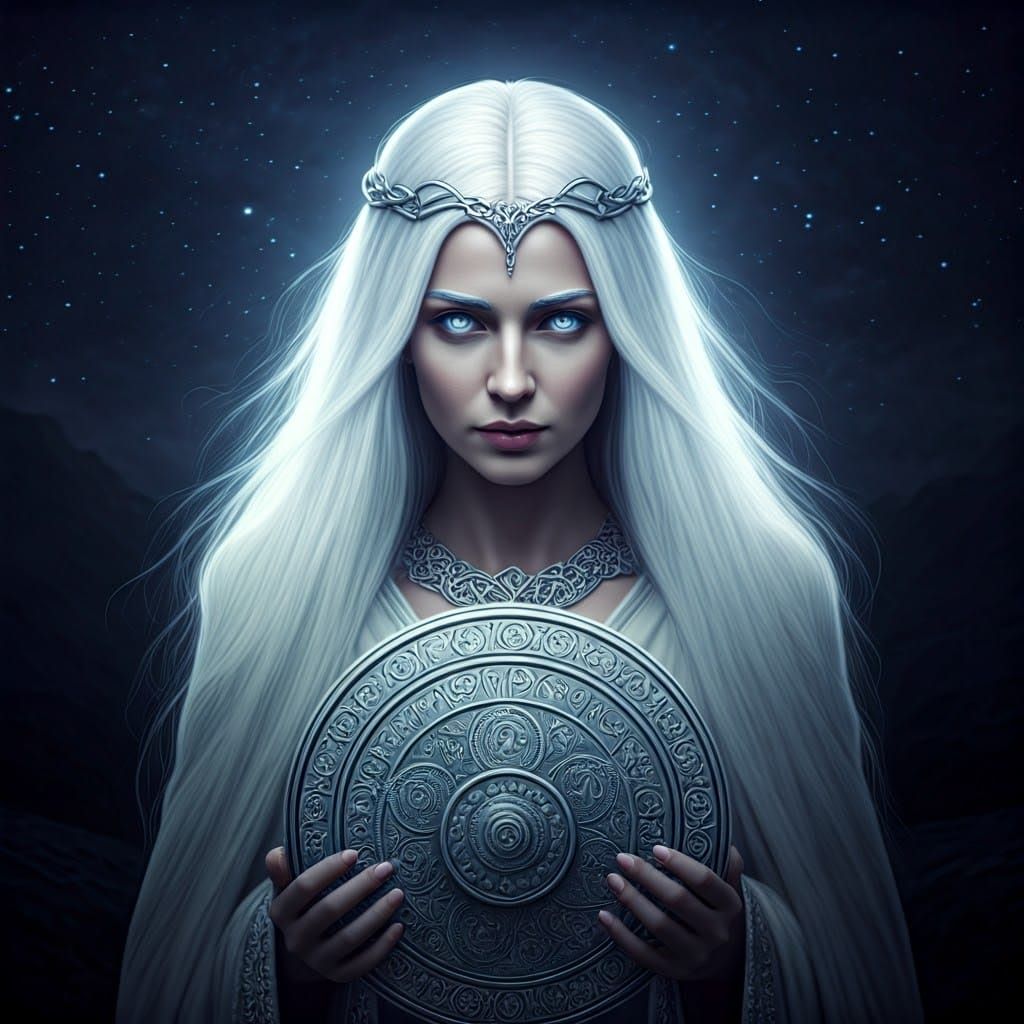 Ethereal Celtic Goddess with Silver Wheel in Moonlight