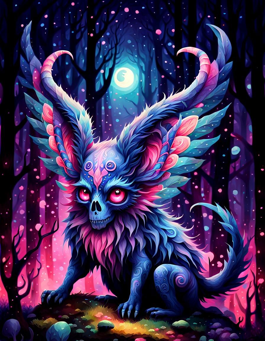 Psychedelic Watercolor: Magical Creature in Fantasy Forest