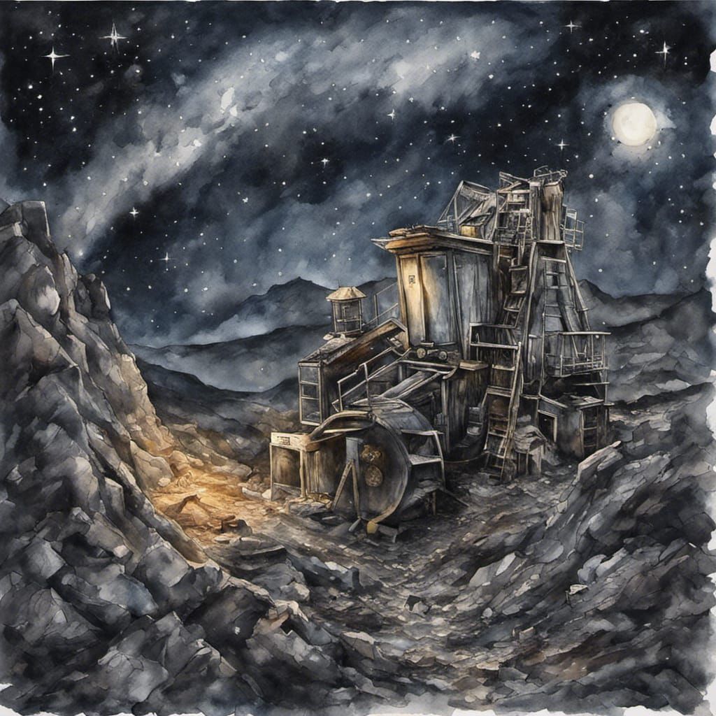Ghostly Coal Miner in Starry Night Watercolor