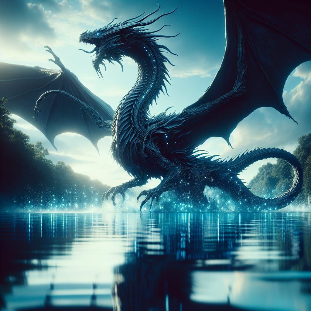 Black Dragon Rising from Serene Blue Lake