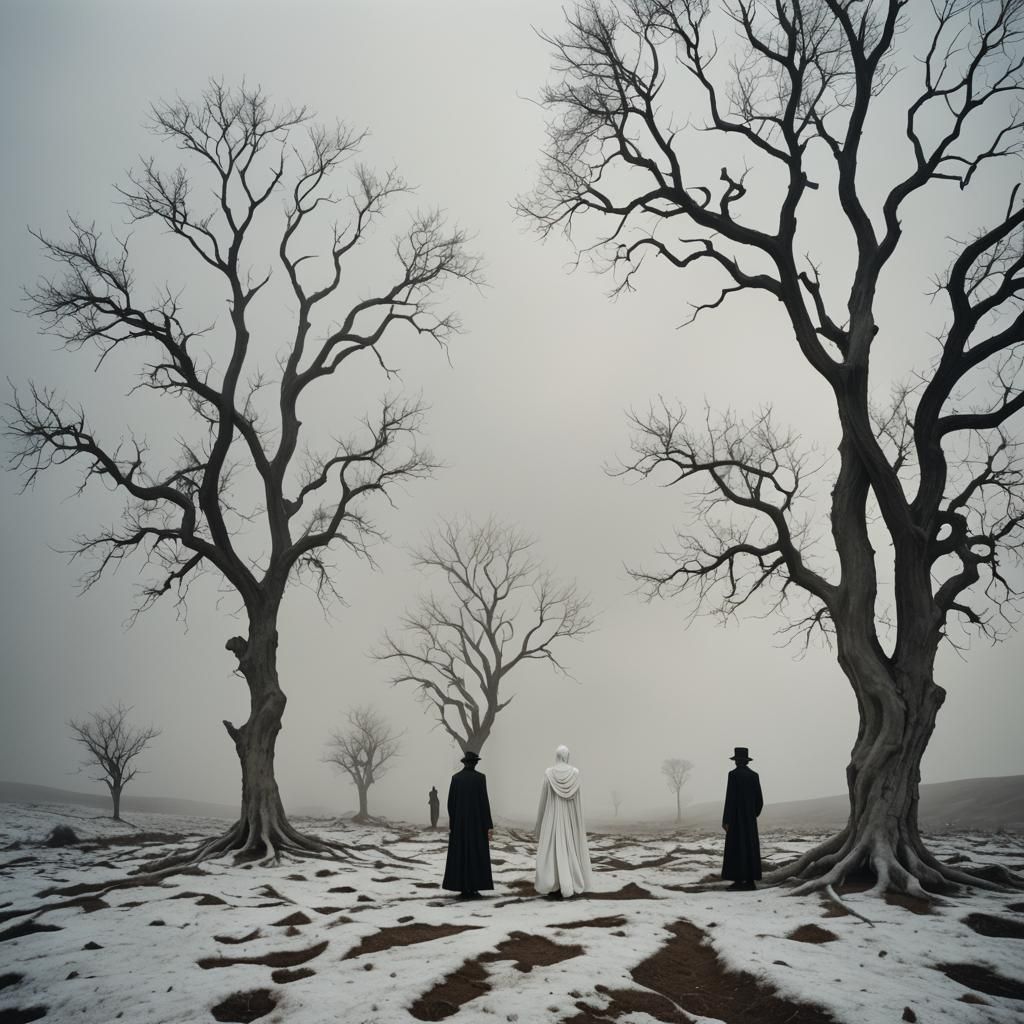 Surrealist Landscape Photography with Figures in White Fabri...