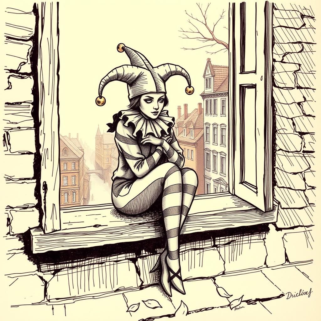 Harlequin in Victorian Town, Pen and Ink Drawing