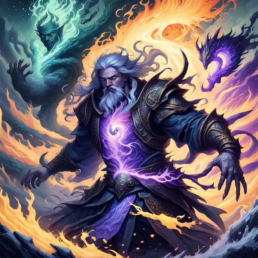 Elemental Sages Clash in Dark Fantasy Art