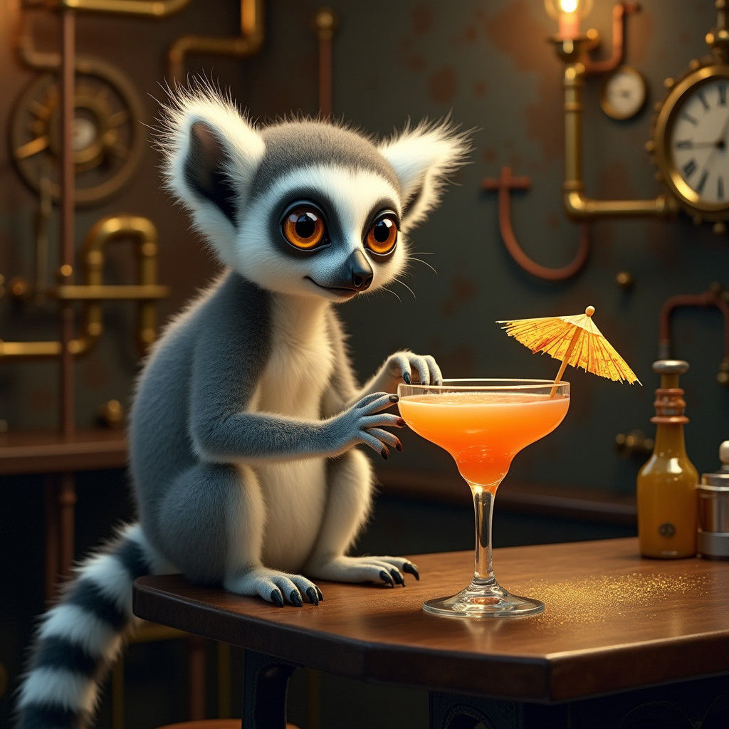 Lemur in Steampunk Bar with Cocktail