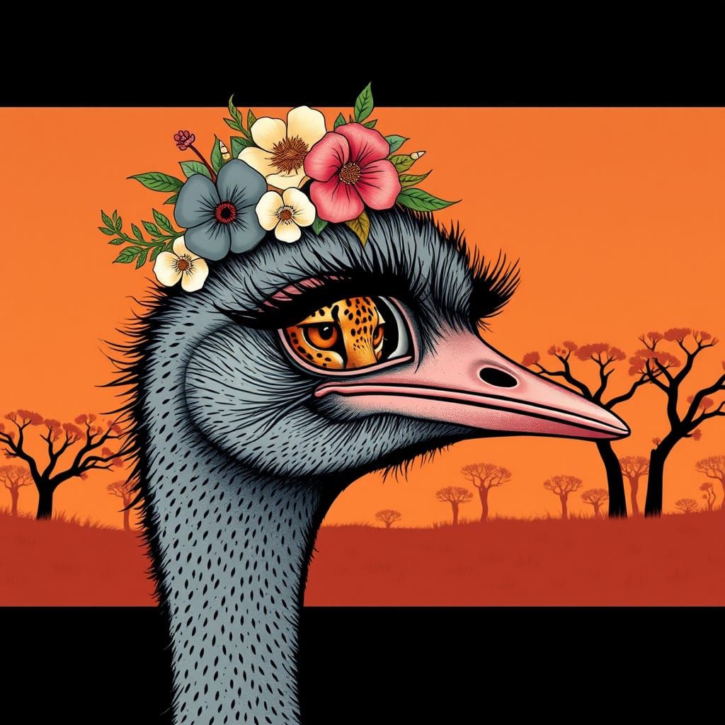 Ostrich with Floral Crown Reflecting Leopard, Pop Art