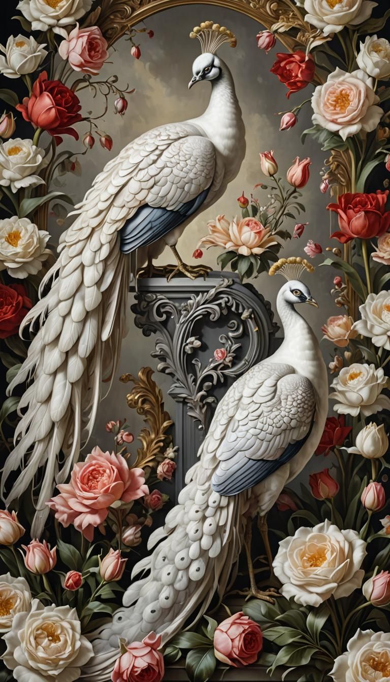 Elegant White Peacocks in Baroque Splendor