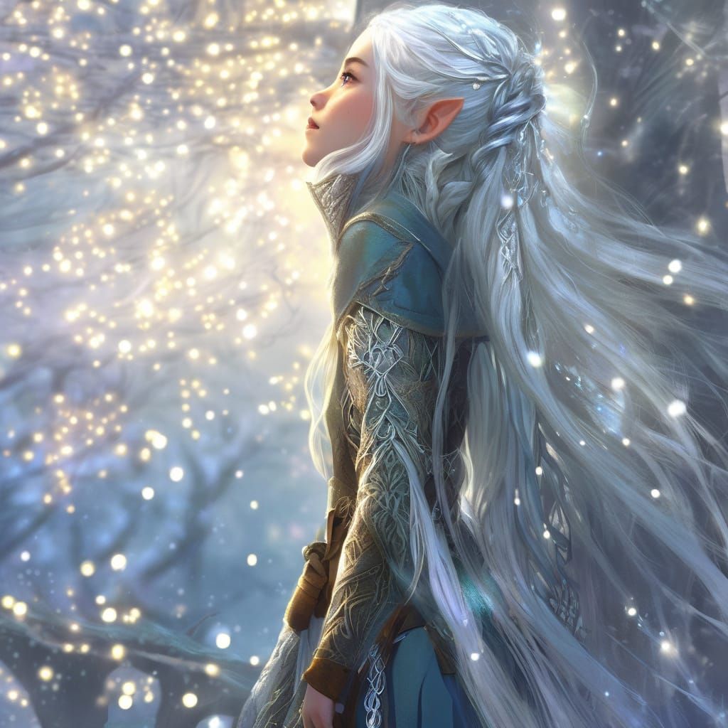 Elf Girl with Silver Hair in Digital Painting Style
