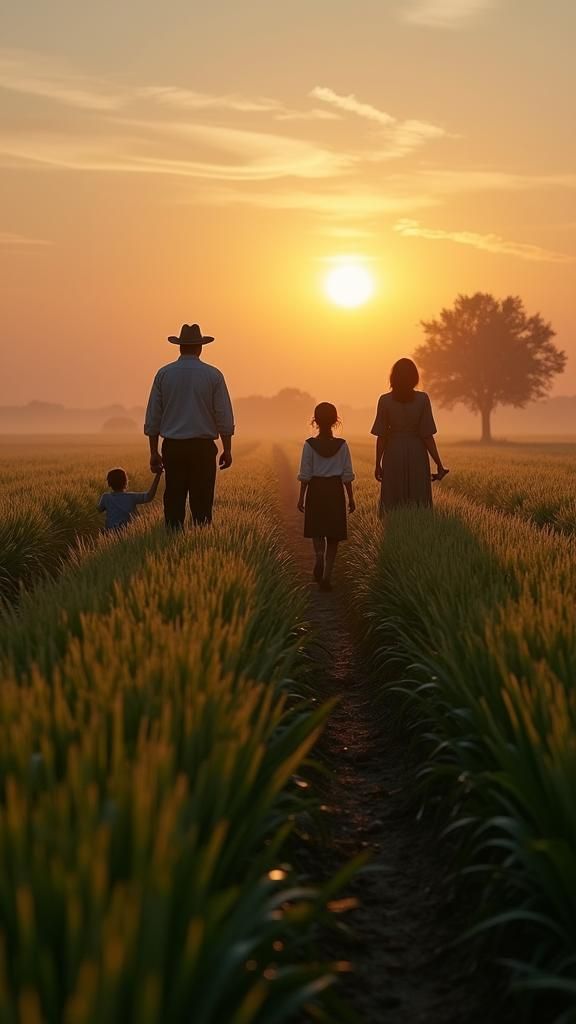Amish Family Working in Field at Sunset