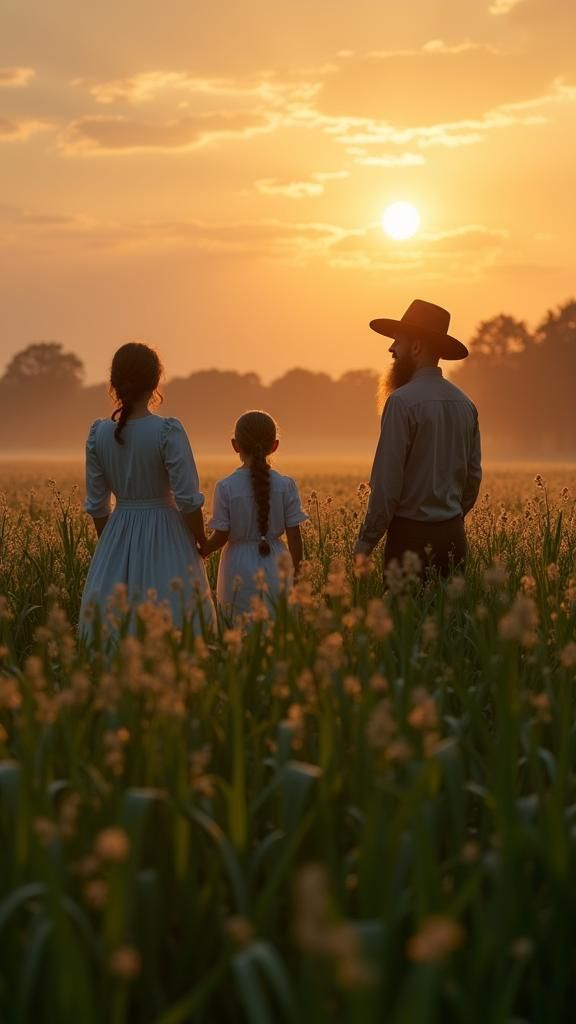 Amish Family Working in a Field at Sunset