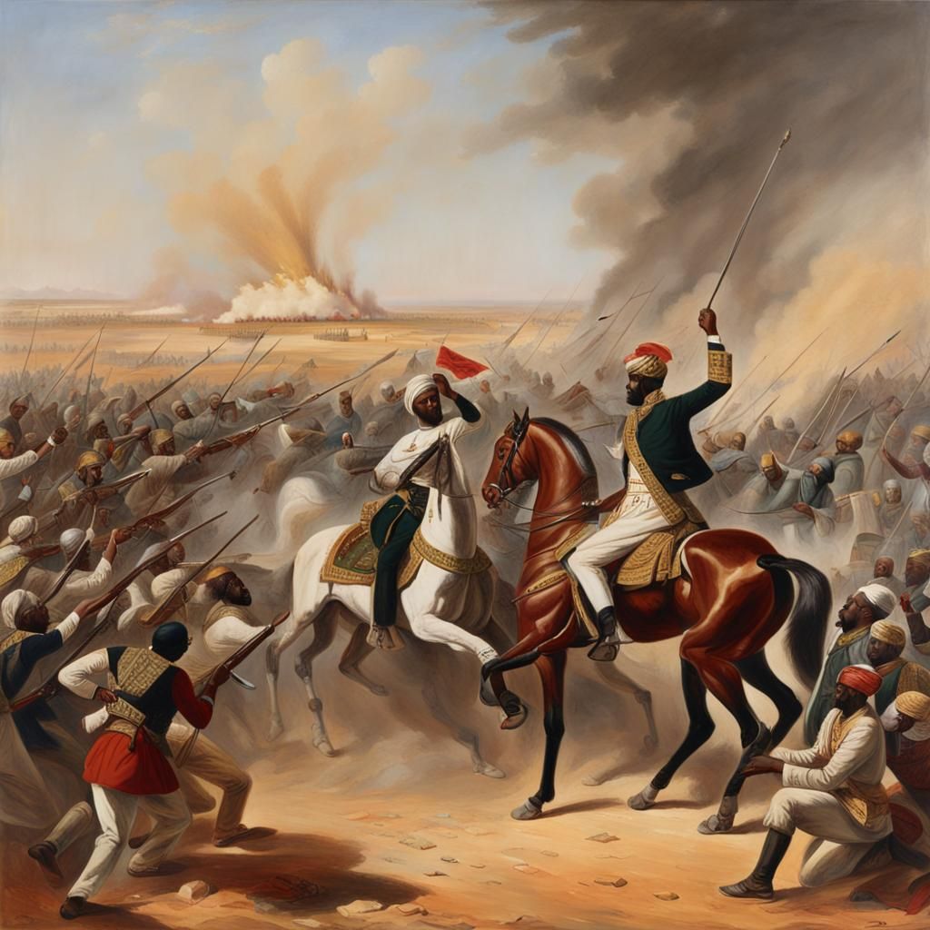 A painting showing the battle of Omdurman in the background of a larger painting of a meeting between Reginald Wingate a...