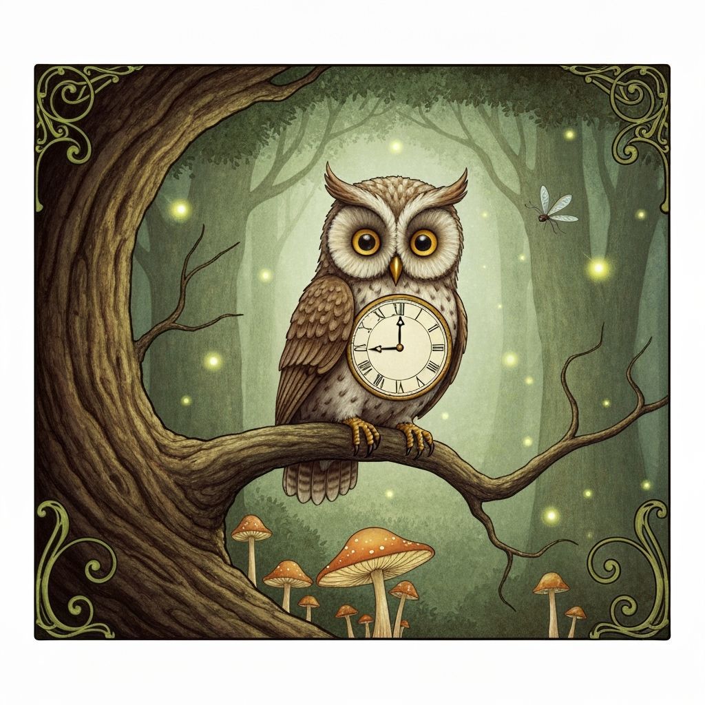 Clockwork Owl in Enchanted Forest, Rackham & Art Nouveau Sty...