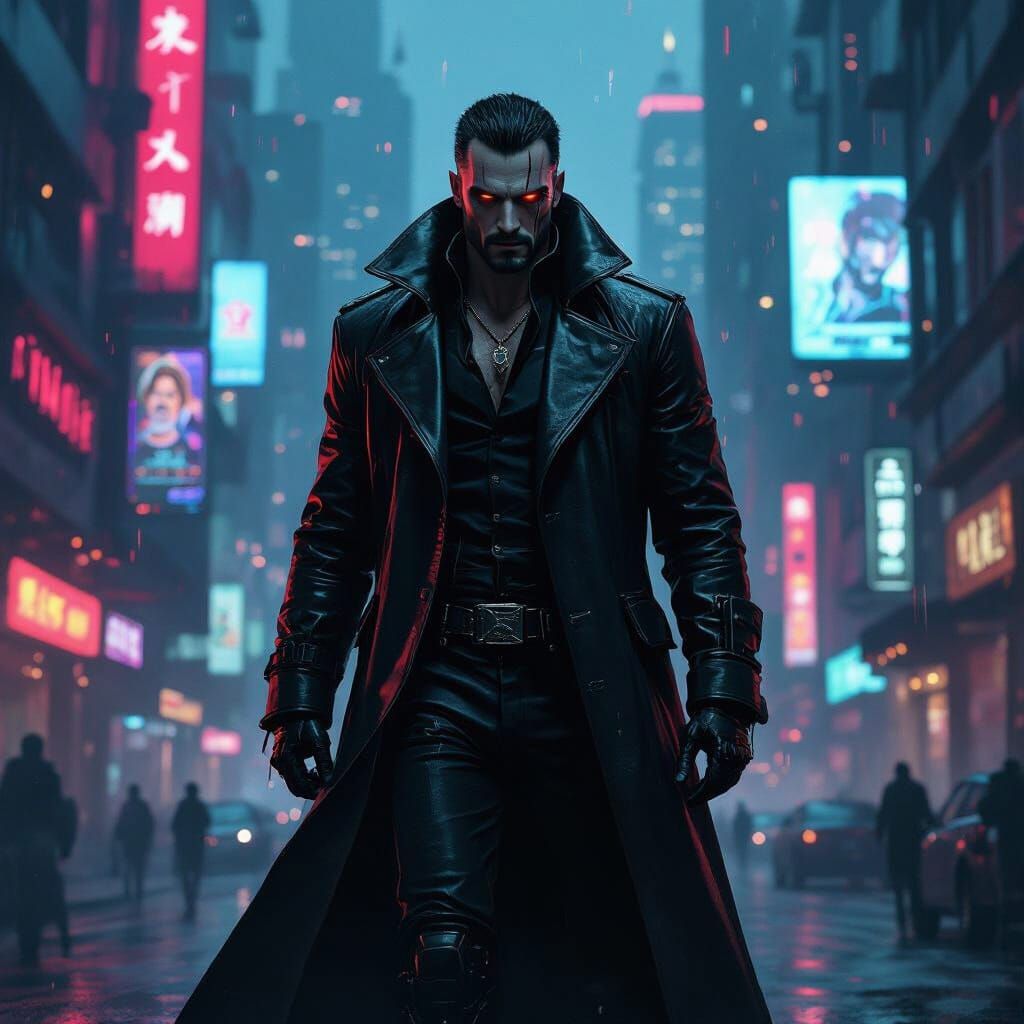 Cyberpunk Vampire in Dystopian Cityscape