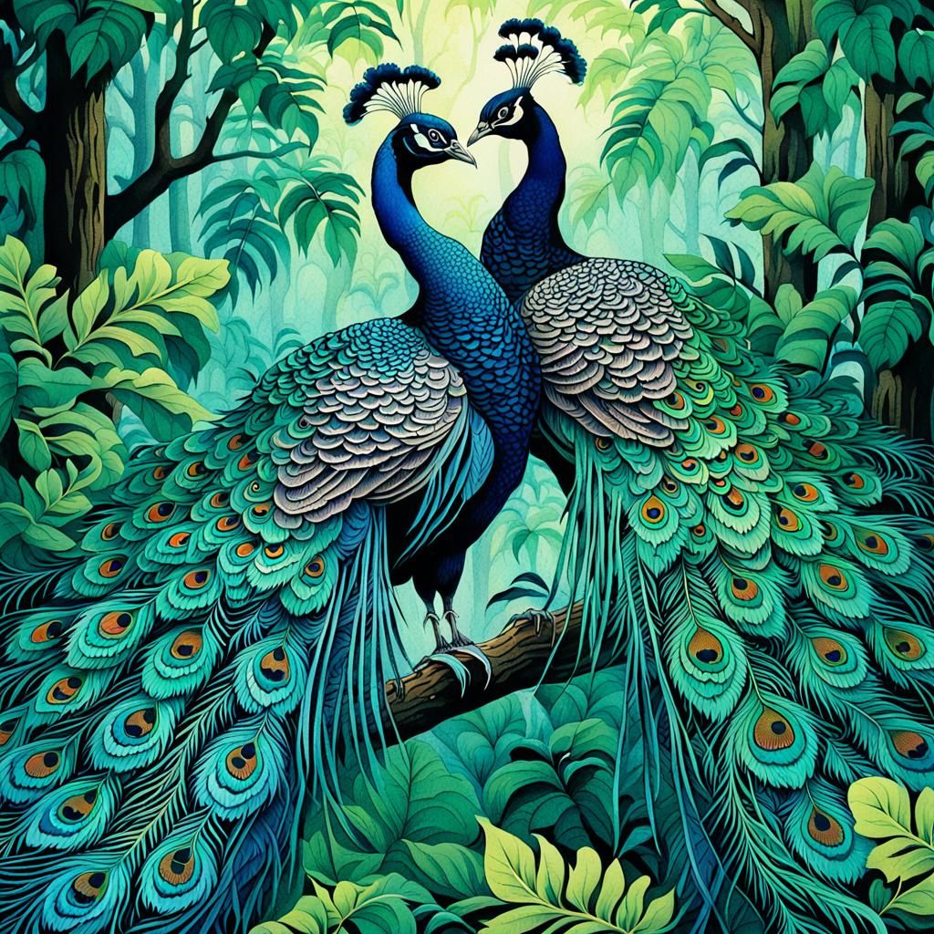 Vibrant Peacock Battle Unfolds in Lush Forest