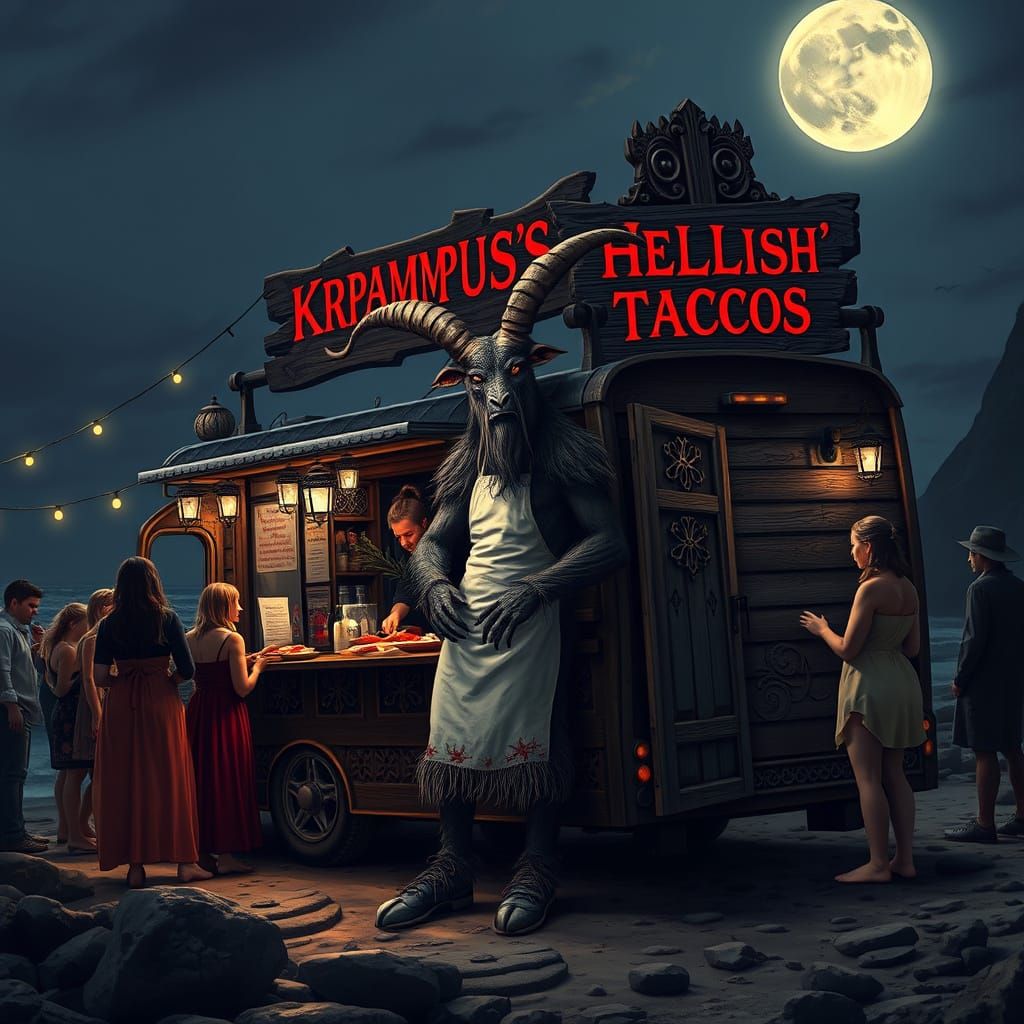 Krampus's Dark Taco Truck on a Moody Seaside Beach