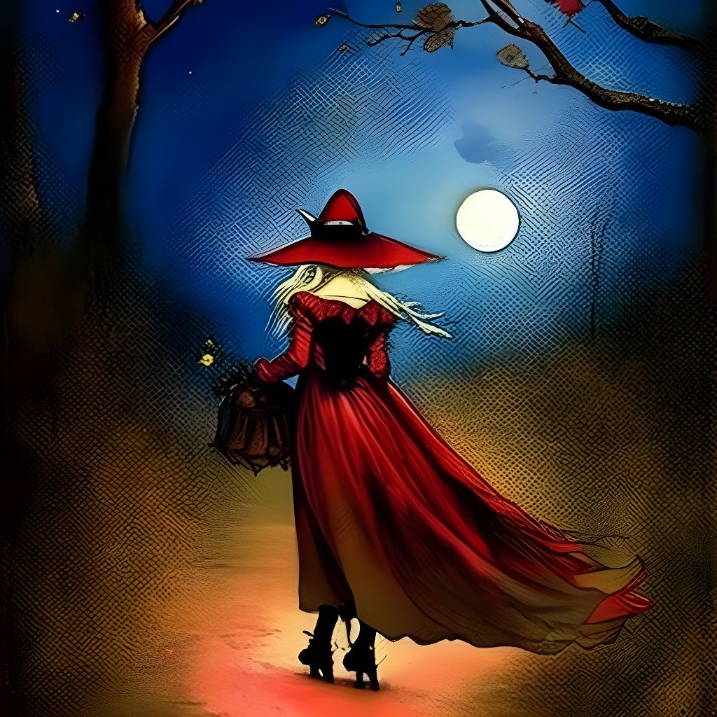 Little Witch in Forest, Iridescent Watercolor Painting