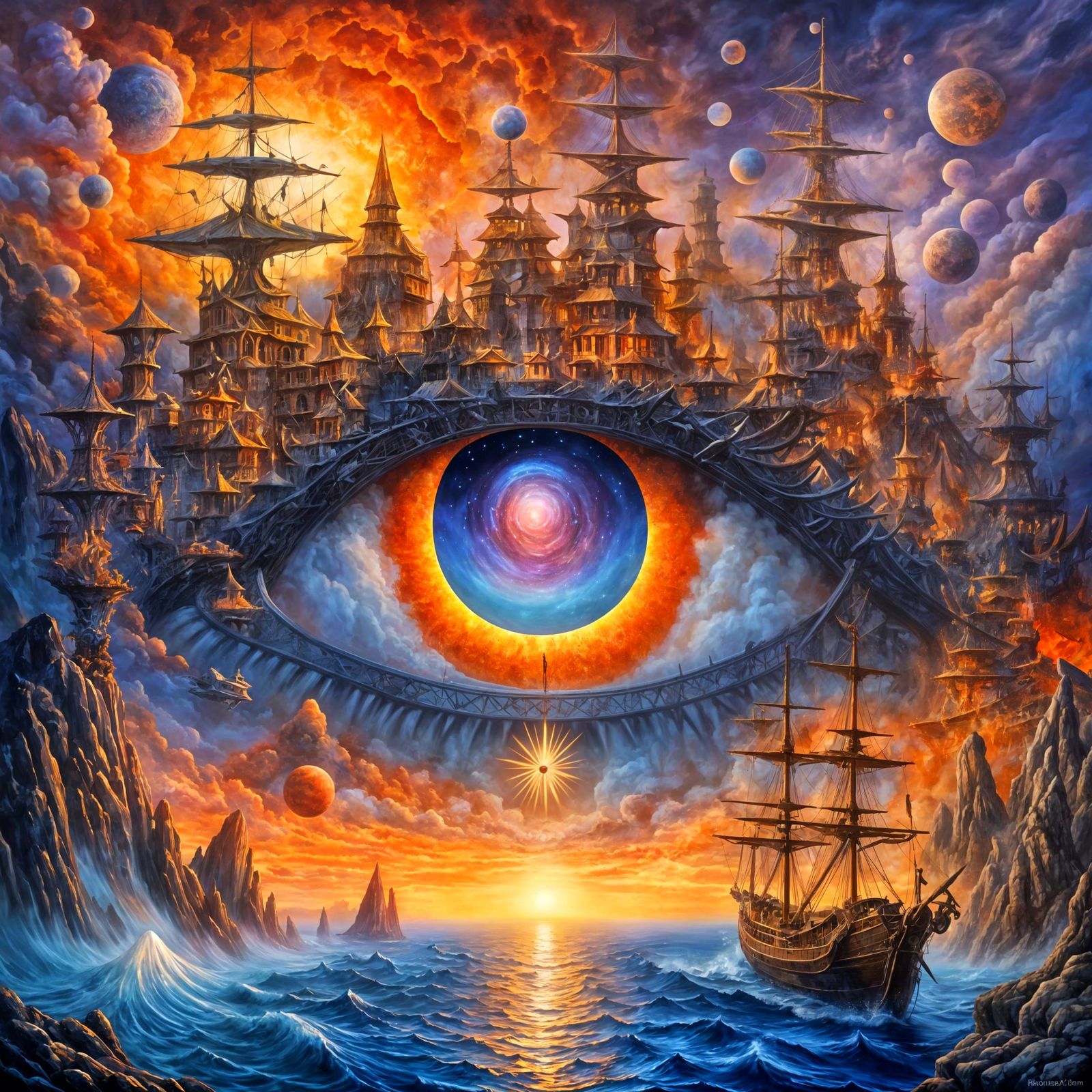 Surreal Eye Portal with Pirate Ships at Sunset